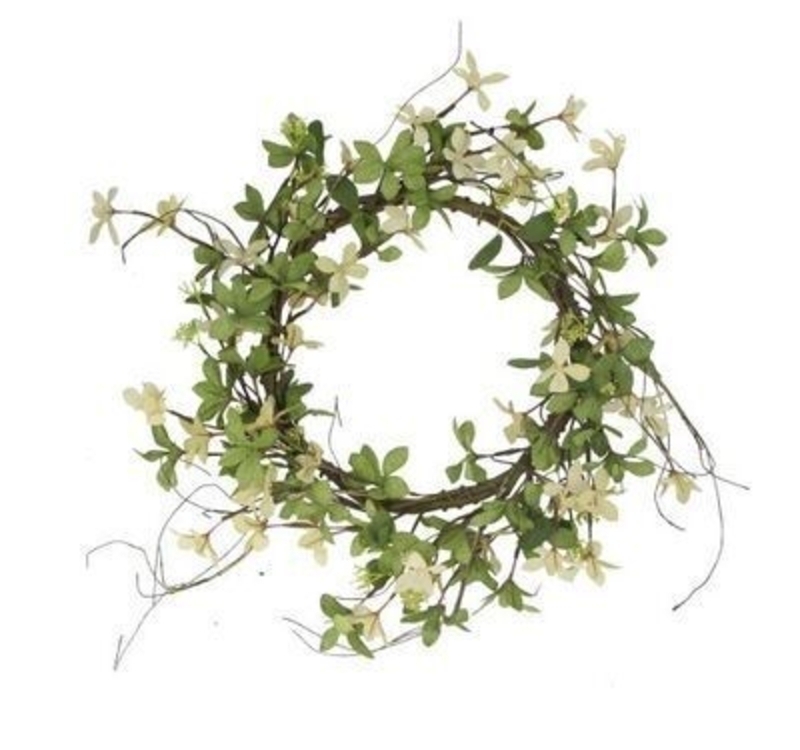 Spring wreath with green leaf and white floral detail. A lovely addition to your home for Spring and the perfect gift for Mothers day. By Gisela Graham.